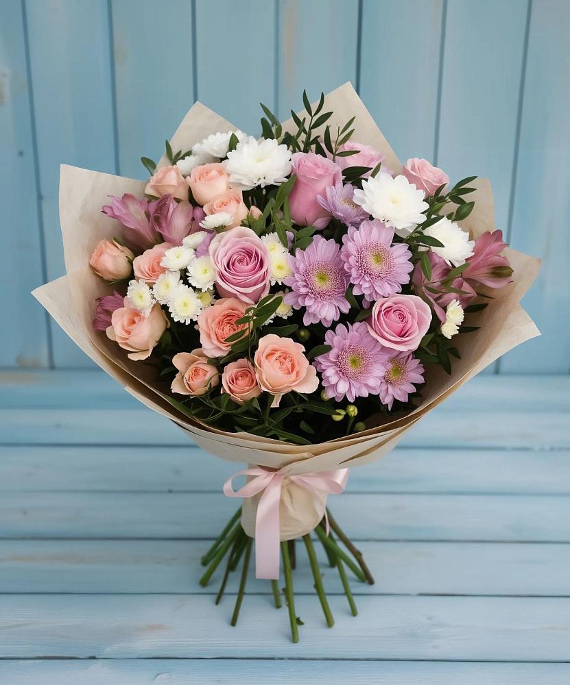 Букет цветов из: Хризантемы, Розы и Альстромерии в Чернушке
