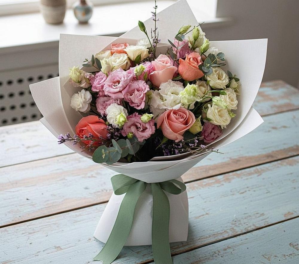 Букет цветов из: Розы, Лизиантусы и Гвоздики в Чернушке