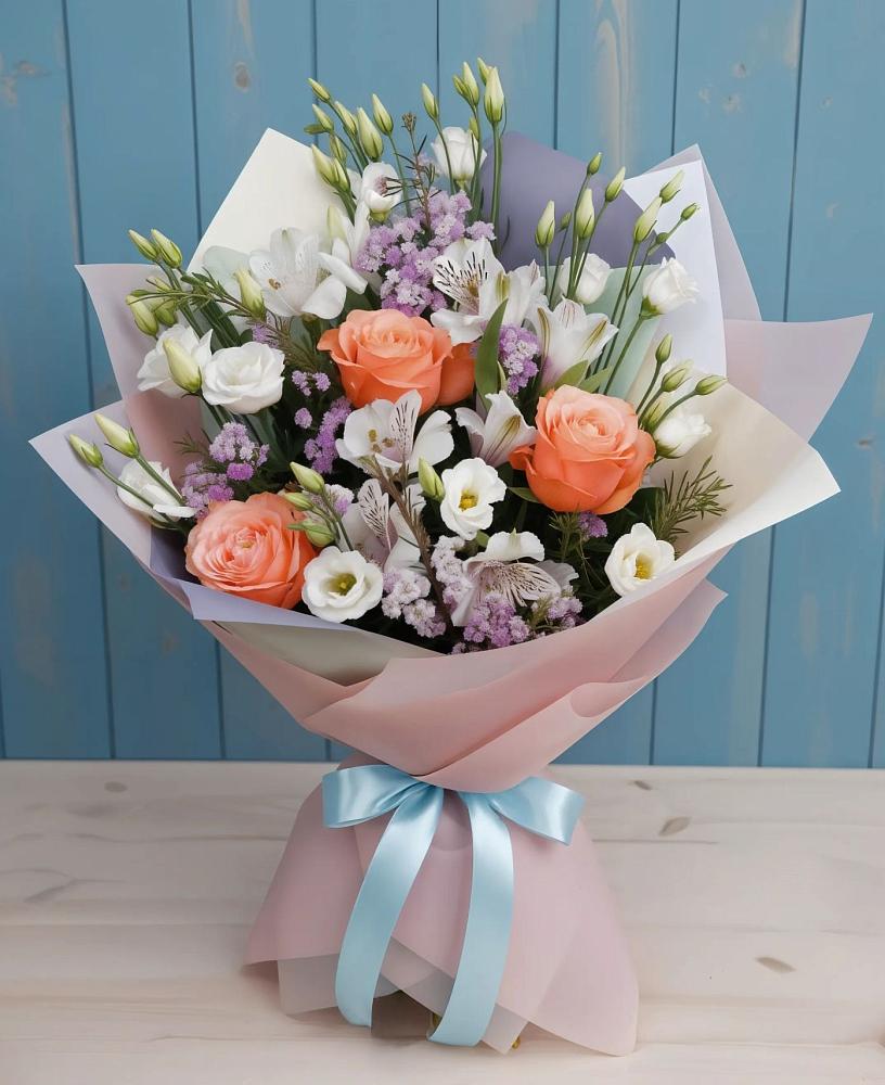 Букет цветов из: Лизиантусы, Розы, Альстромерии и Гипсофила в Чернушке