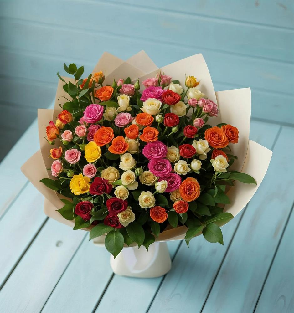 Букет Микс из разноцветных кустовых роз в Чернушке