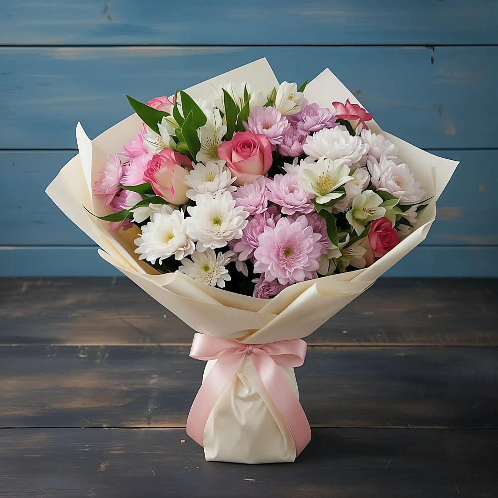 Букет цветов из: Хризантемы, Альстромерии и Розы в Чернушке